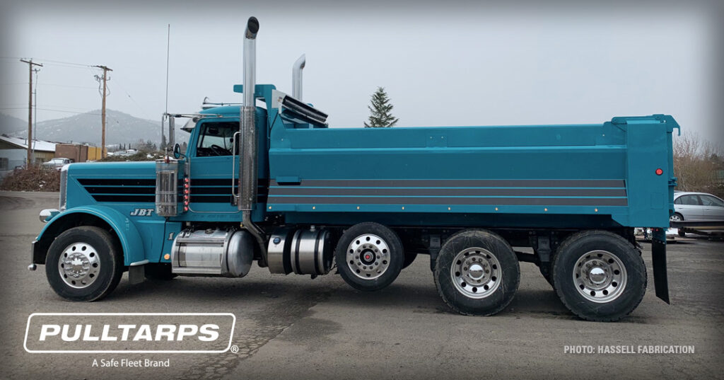 Pulltarps® featured on a square dump body fitted for a Peterbilt platform.