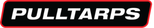 PullTarps logo: white bold lettering on a black rounded rectangle with a red border.