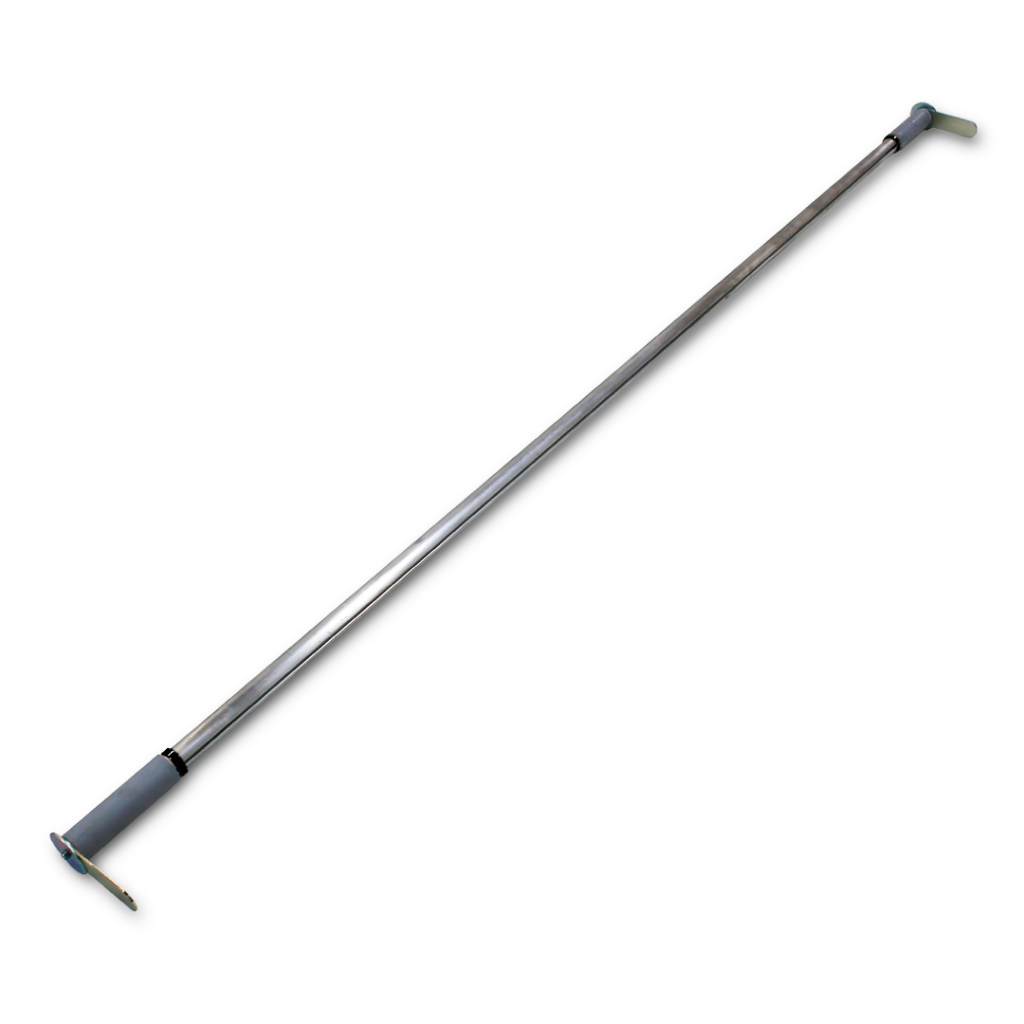 Long metal rod with gray padded grips on both ends, diagonally placed on a white background.