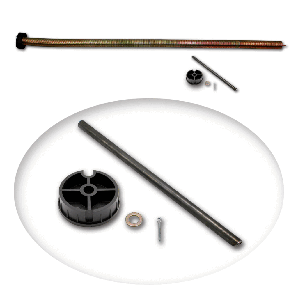 Disassembled hardware kit with a long threaded rod, black plastic cap, small rod, washer, and cotter pin alongside a large circular base with internal cross supports.