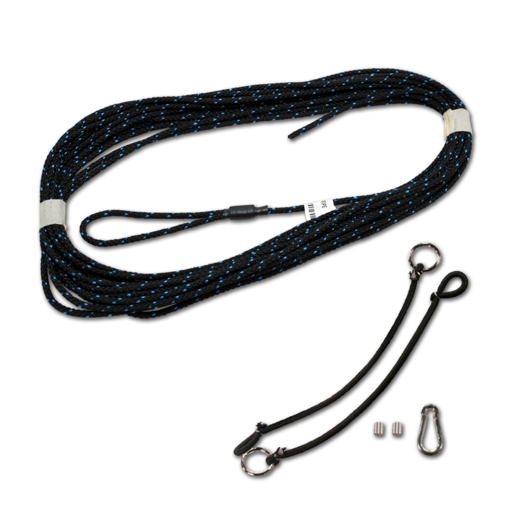 Pet leash kit: long black braided rope with blue specks and a matching cord with metal rings, plus small hardware and a carabiner attachment set.