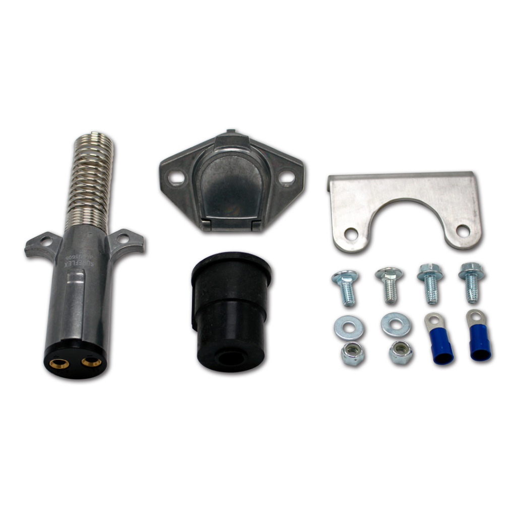 Assorted automotive hardware kit with a spring-loaded connector, mounting bracket, U-clamp, rubber bushing, and assorted screws, nuts, and washers.