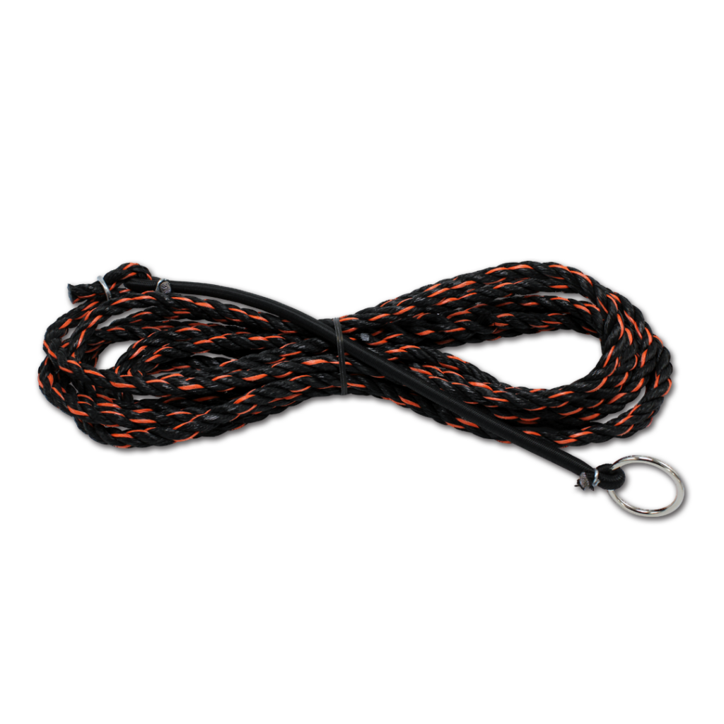 Braided black and orange nylon rope coiled, with a metal key ring at one end.