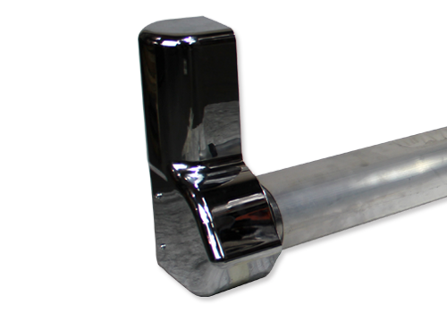 Shiny hammer head attached to a metal handle, viewed at an angle