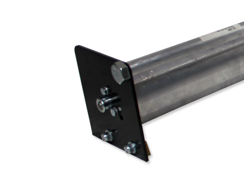 Steel cylindrical tube with a black rectangular end plate bolted to it, exposing multiple bolts and fasteners
