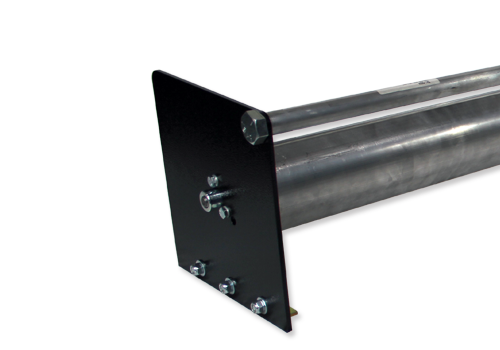 End view of a black metal mounting plate with bolts, attached to a long cylindrical steel tube extending to the right.