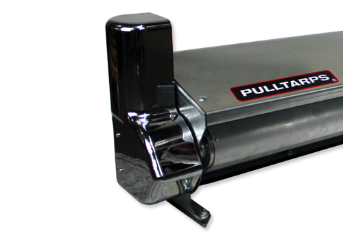 Close-up of a metal tarp roller with a chrome end bracket and the PULL TARPS logo on its housing.