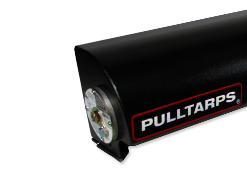 Black tarp roll housing with the red-outlined Pulltarps logo on the side.