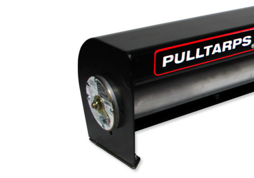 Black tarp roller with a round metal end and a red-outlined Pulltarps label on the side surface of the tube, against a white background
