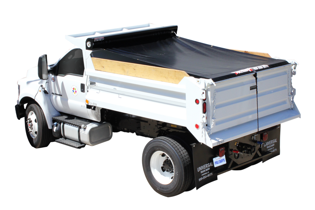 White dump truck with a black tarp cover over the cargo bed, parked in a loading area.
